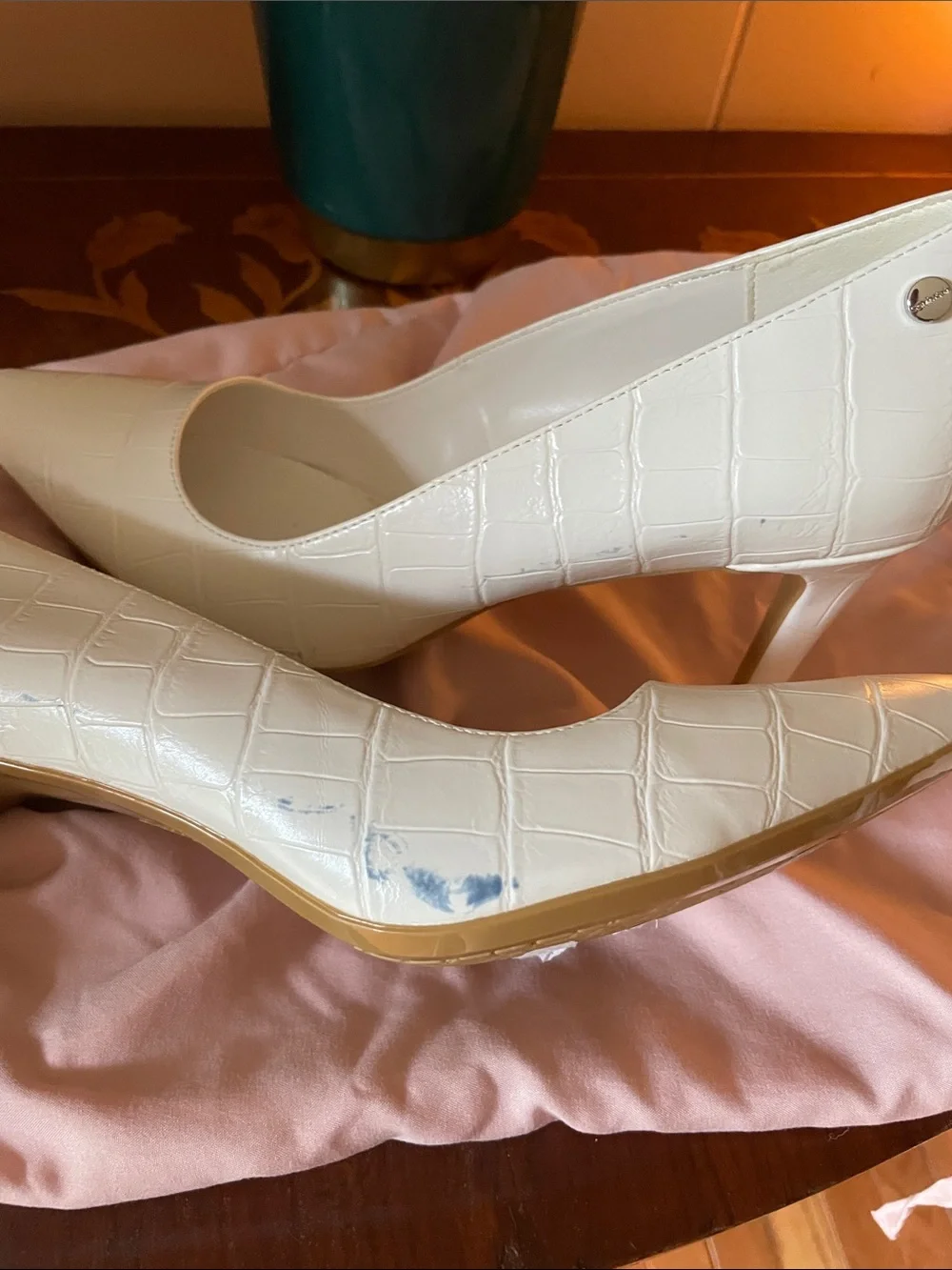 Calvin Klein Croc-Embossed White Pointed-Toe Pumps